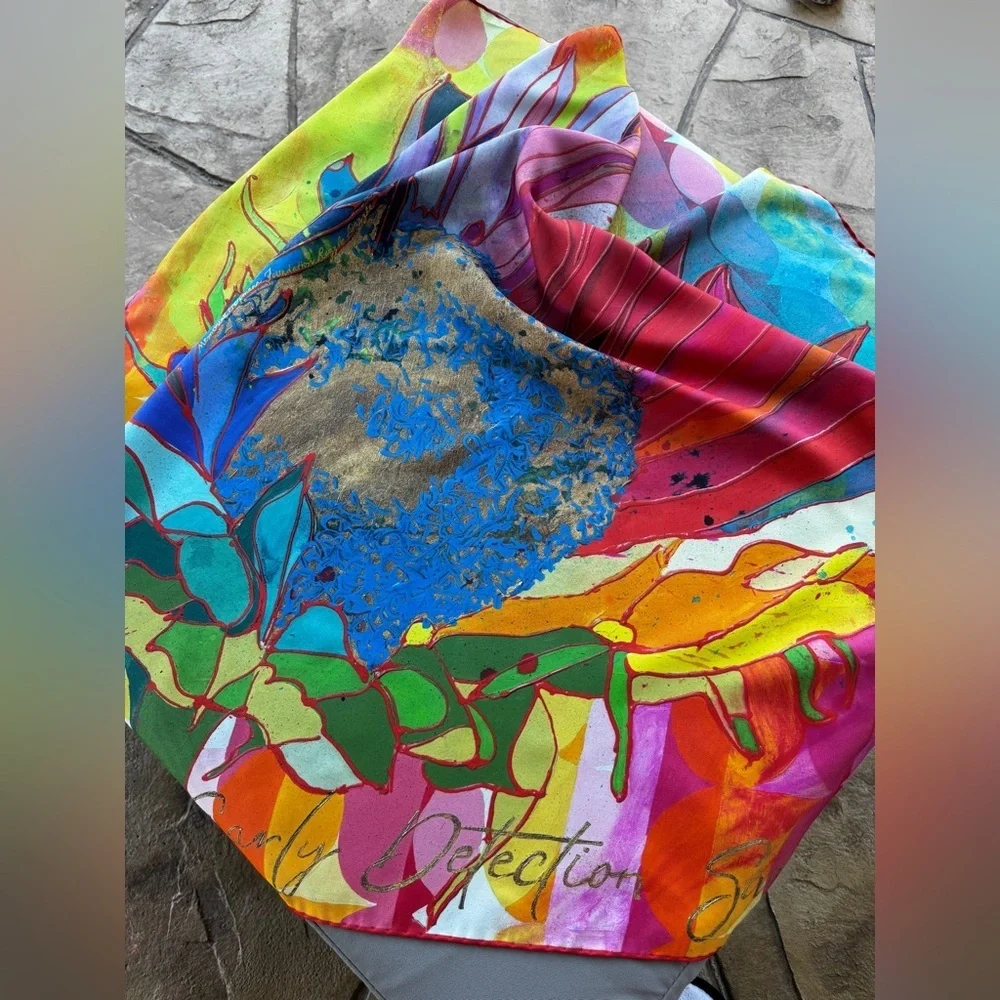 Roki Design Silk Scarf “Early Detection Saves Lives” Italian Silk Twill 35”